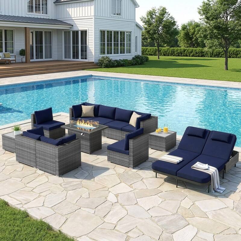 Outdoor Sectional Conversation Set PE Wicker with Double Chaise Lounge, 60,000 BTU Fire Pit Table - 12-Piece/Table - Navy