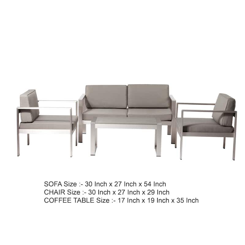Kili 4 Piece Outdoor Sofa, Chairs and Table Set, Sleek Silver Aluminum
