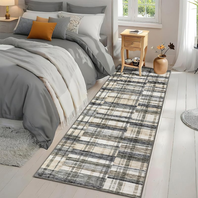 Area Rugs for Living Room Bedroom Modern Geometric Rug Low Pile Non Slip Farmhouse Plaid Carpet