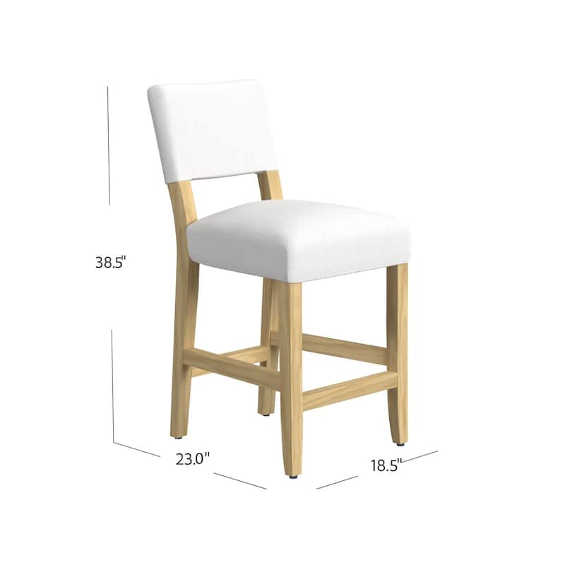 Bowo Counter Stool Chair, White Fabric Seat, Brown Hardwood Legs