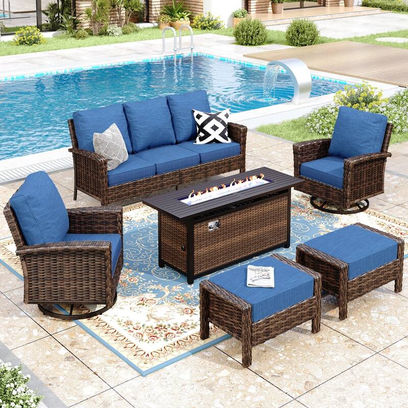 MAISON ARTS Patio Wicker Sofa Conversation Set with 50,000 BTU Fire Pit Table , Oversize Seat with 5.5'' Thick Padded Cushion - 7-Seats - Navy Blue