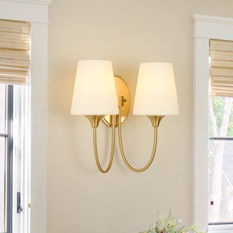 Mid-century 2-Light Frosted Wine Glass Armed Wall Sconce - 13.4 in