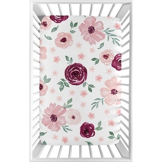 Burgundy Pink Watercolor Floral Baby Girl Fitted Mini Portable Crib Sheet - Blush Maroon Rose Green Shabby Chic Flower Farmhouse