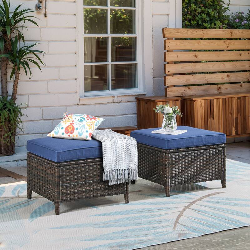Outdoor Ottomans for Patio Set of 2 PE Wicker - Blue - Brown