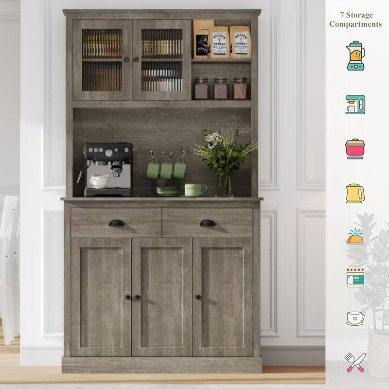 71" High Pantry with Drawers and Adjustable Shelves, with Microwave Support, Gray