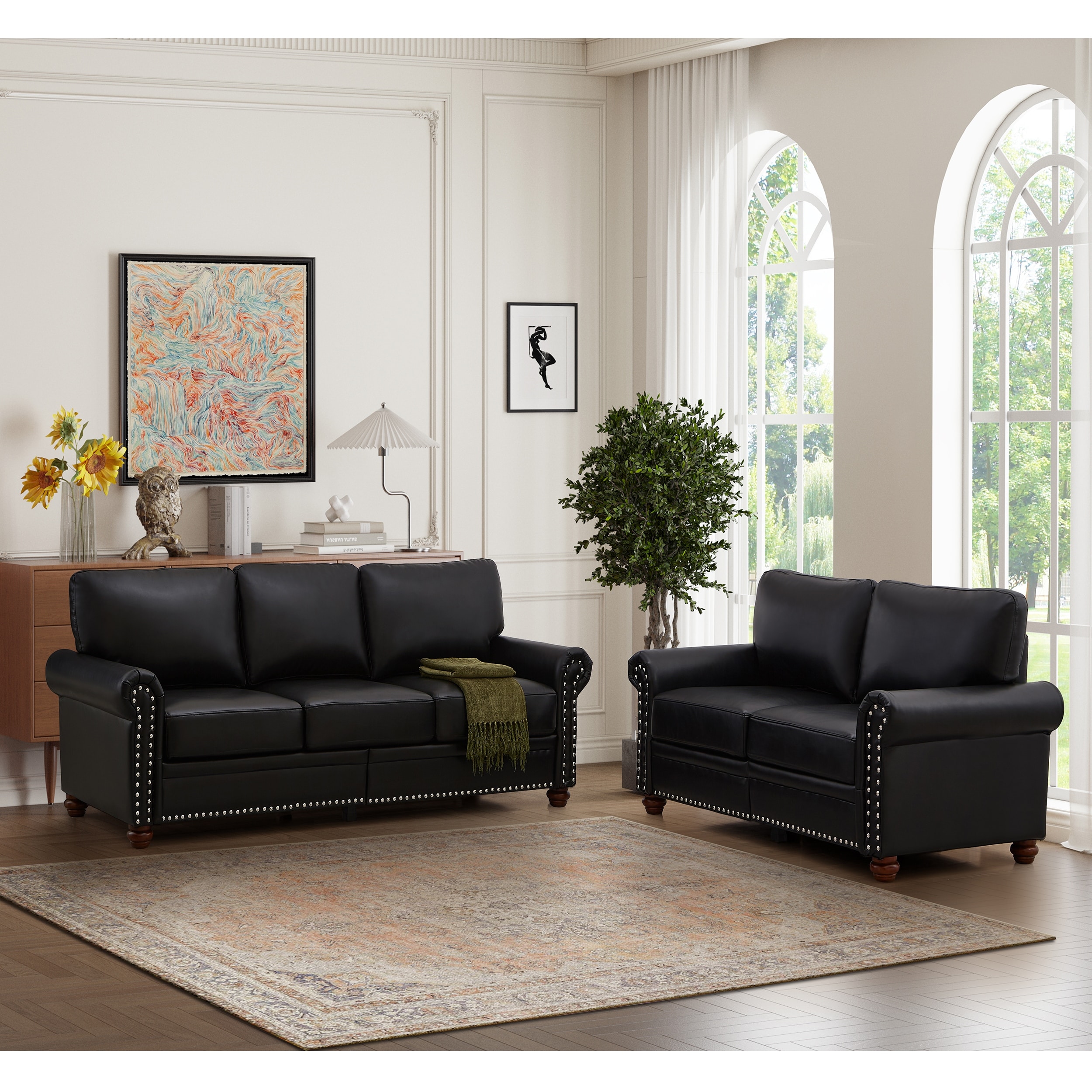 Roomfitters 2-Piece Modern Living Room Furniture Set, 3-Seater Sofa and Loveseat with Hidden Storage & Nailhead Trim