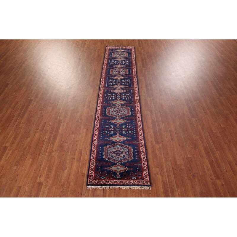 Blue Geometric Viss Oriental Runner Rug Handmade Wool Carpet - 2'7"x 11'10"