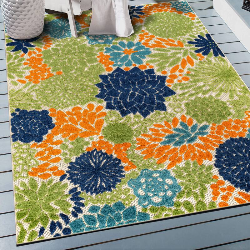 World Rug Gallery Indoor/Outdoor High-Low Textured Area Rug, Floral, Easy-Clean Patio Rug - Multi - 4' x 6'