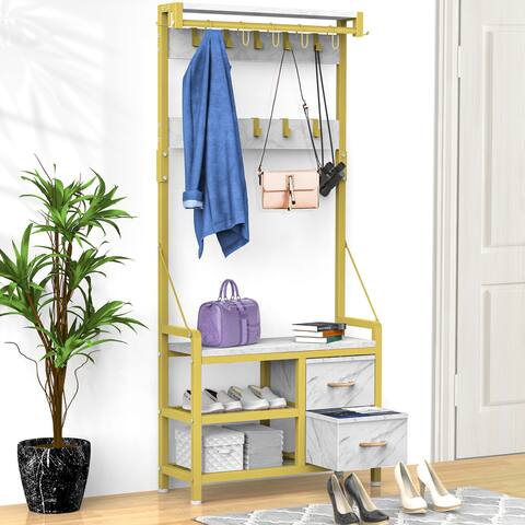 Hall Tree with Bench, Can Divided into freestanding Shoe Bench and Wall Rack - 31.5L x 11.8W x 70.86H