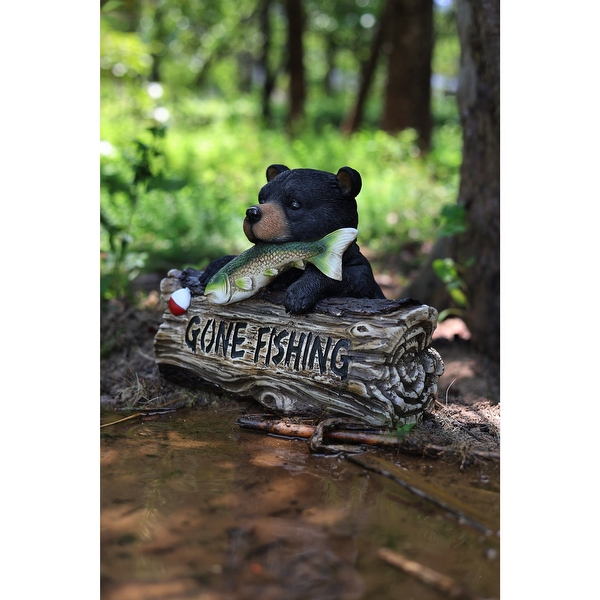 Bear with Gone Fishing Sign Outdoor Garden Statue - 12.25