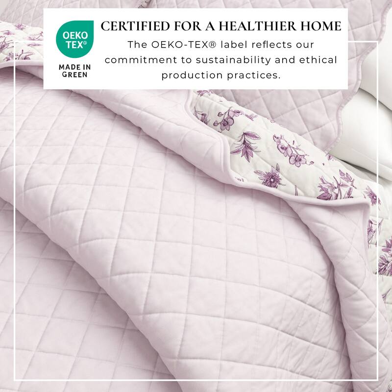 Linery & Co. Cotton Stitched Reversible Floral 3 Piece Scalloped Quilt and Sham Set