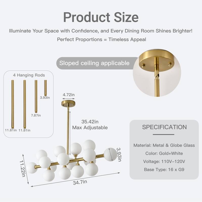 Mid-Century Modern Sputnik Chandelier 16-Light Adjustable Brass Pendant with Glass Globes for Dining Rooms - 34.7in
