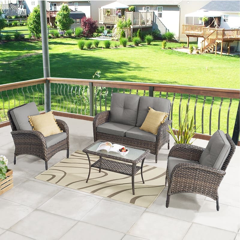 PE Wicker Chairs and Sofa with Soft Cushion - Brown - Grey - Brown