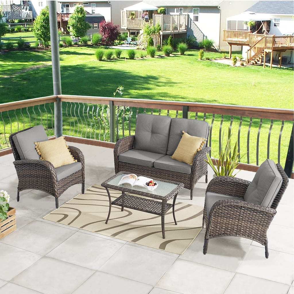 PE Wicker Chairs and Sofa with Soft Cushion - Brown