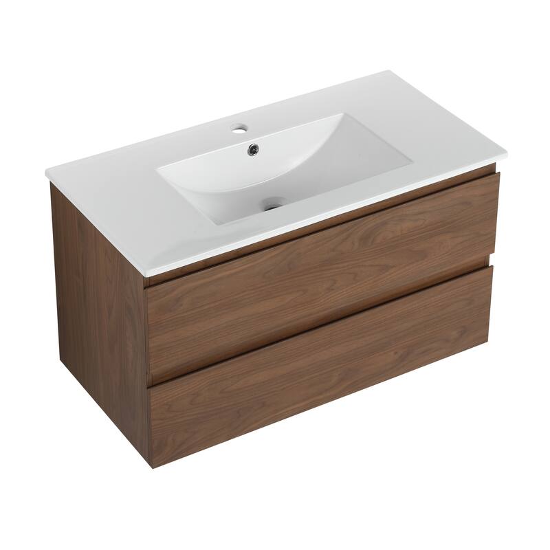 24" Floating Bathroom Vanity with Ceramic Basin, 2 Soft-Close Drawers, Eco-Friendly Plywood Construction