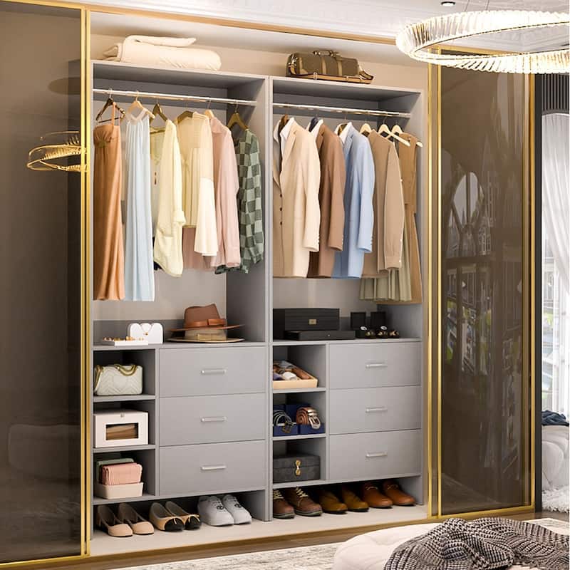 Cimly 30'' W Freestanding Closet Sytem with Hanging Rod, Closet Organizer with Drawers and Shelves - 2pcs - Grey