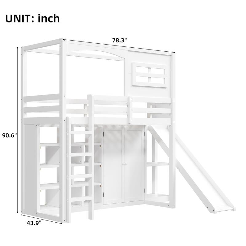 Roomfitters Twin Loft Bed with Slide, Wardrobe and Storage Shelves, Space-Saving Bedroom Furniture, White