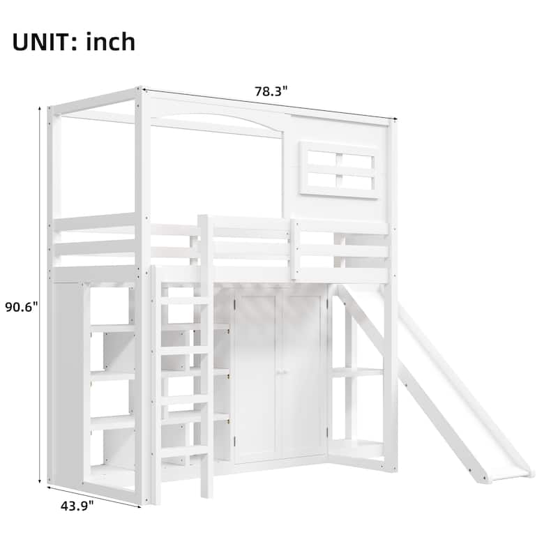 White Twin Size Wood Loft Bed with Slide, Wardrobe, Storage Shelves, LED Light, and House Frame