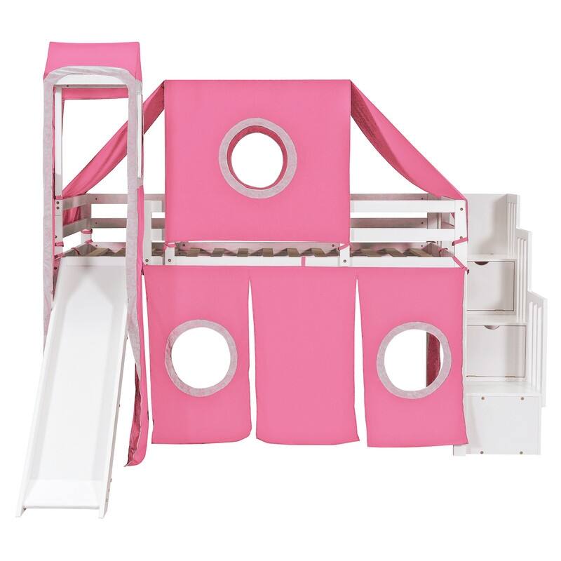 Twin Size Loft Bed with Slide, Tent and Tower