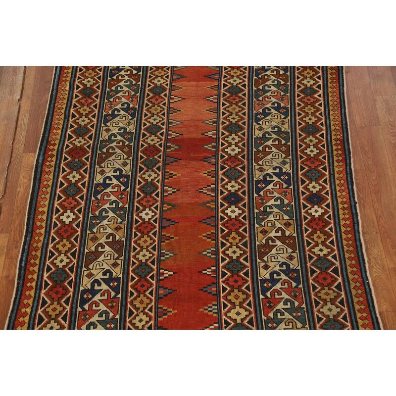 Hand Knotted Oriental 100% Wool Carpet Traditional Geometric Oranges & Rust Kazak Area Rug - 8' 4'' X 3' 6''