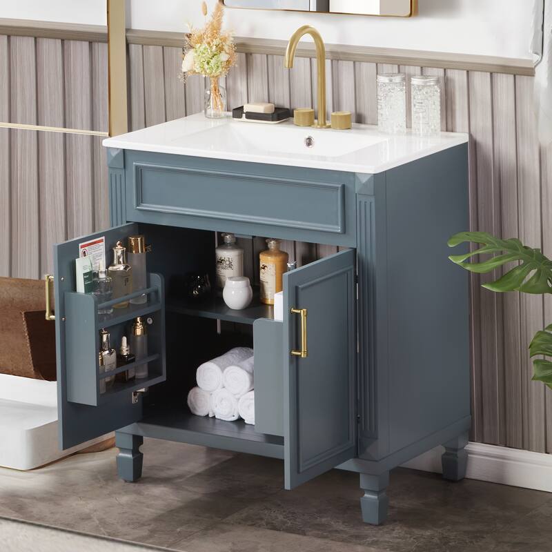 Modern 30" Freestanding Bathroom Vanity Cabinet Wood Frame with Ceramic Sink and Soft-Close Storage