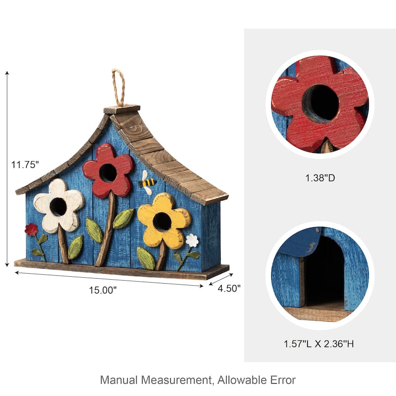 Glitzhome 10.5"H Distressed Solid Wood Birdhouse with 3D Flowers - 10.5"