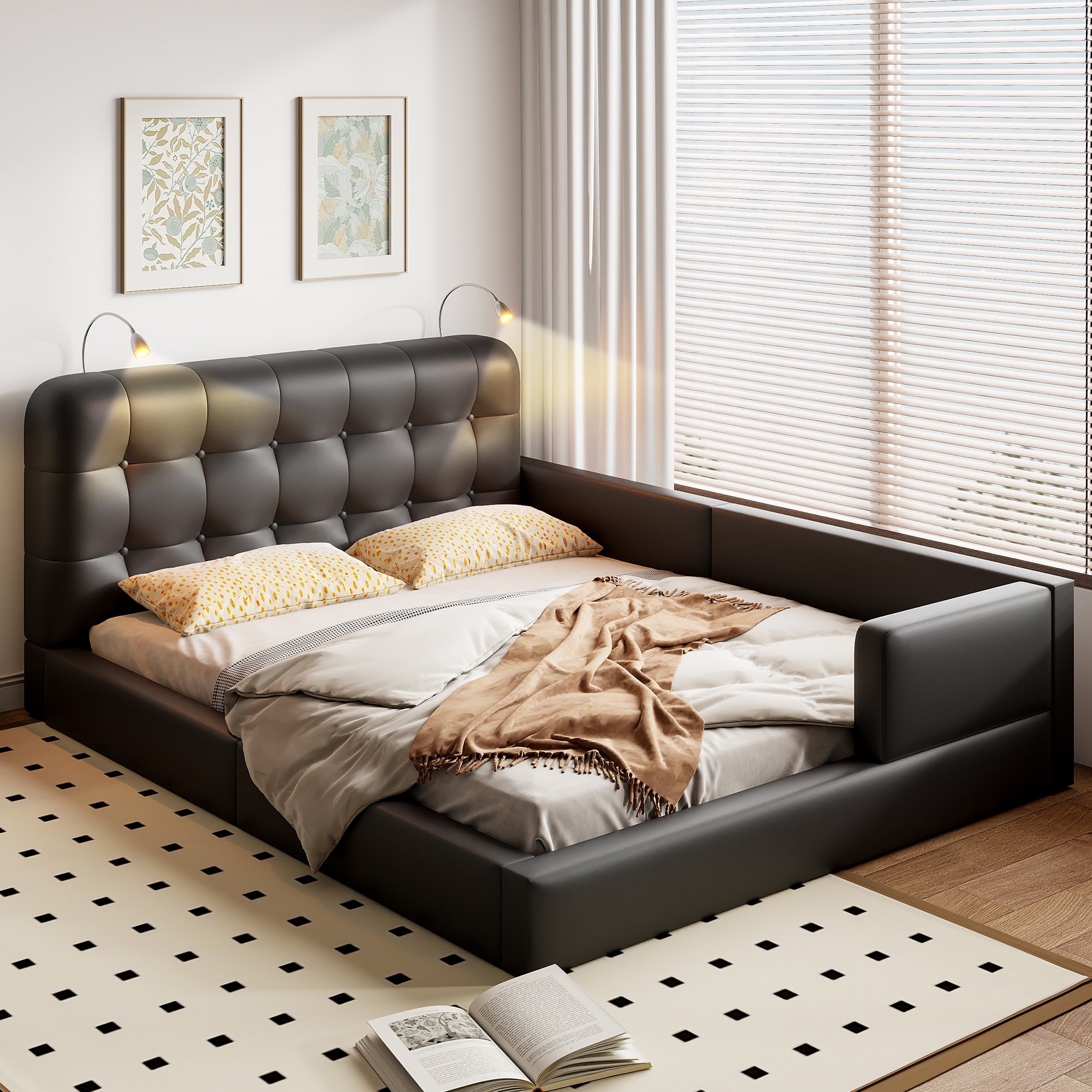 Queen Size Upholstered Platform Bed with 2 Reading Lights