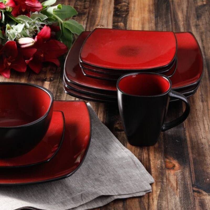 Modena Hideaway 16 Piece Soft Square Dinnerware Set in Black and Red