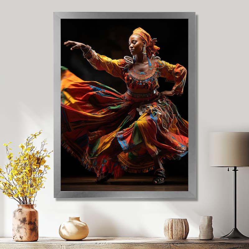 Designart "African Tribal Dance V" African American Art Framed Wall Decor - 12 in. wide x 20 in. high - Silver