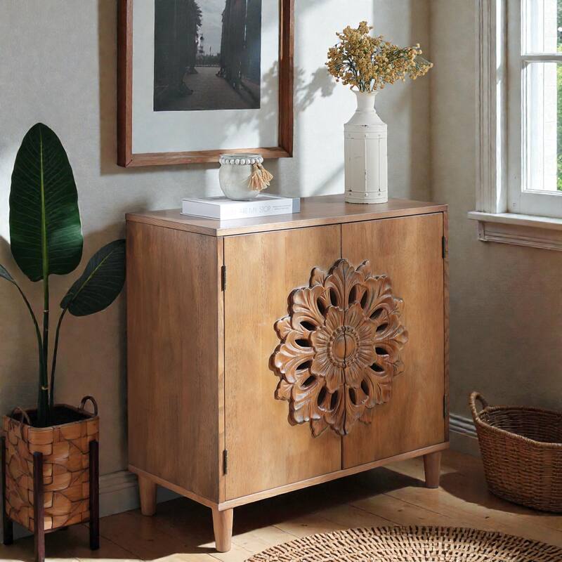 Rustic Hand-Carved Wooden Cabinet with Floral Doors, Boho 2-Door Accent Storage Sideboard for Living Room or Entryway