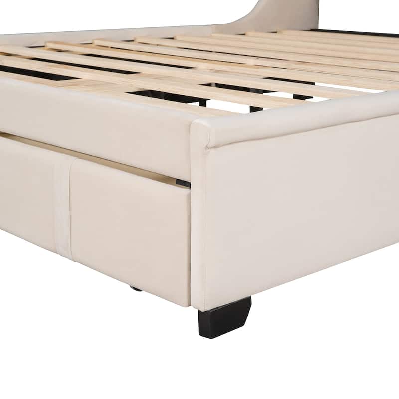 Queen Upholstered Platform Bed with Wingback Headboard and Drawer