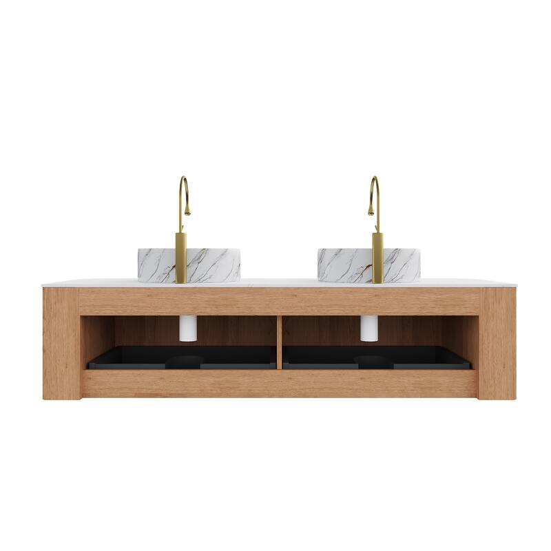 GDFStudio - Dina 60" Curved Edges Striped Bathroom Vanity with 2 White Stone Ceramic Basins, 2 Drawers, NO Faucet