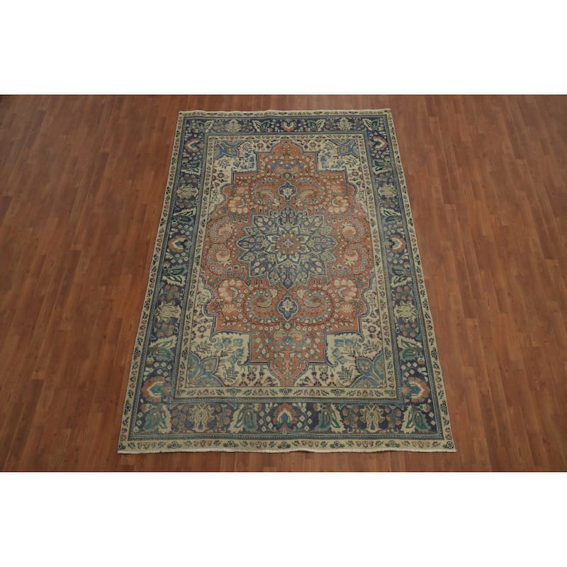 Hand Knotted Oriental 100% Wool Carpet Traditional Floral Oranges & Rust Tabriz Area Rug - 9' 7'' X 6' 4''