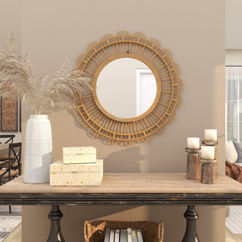 Bamboo Wood Floral Handmade Woven Wall Mirror with Beaded Accents - Brown - Roche River Decor
