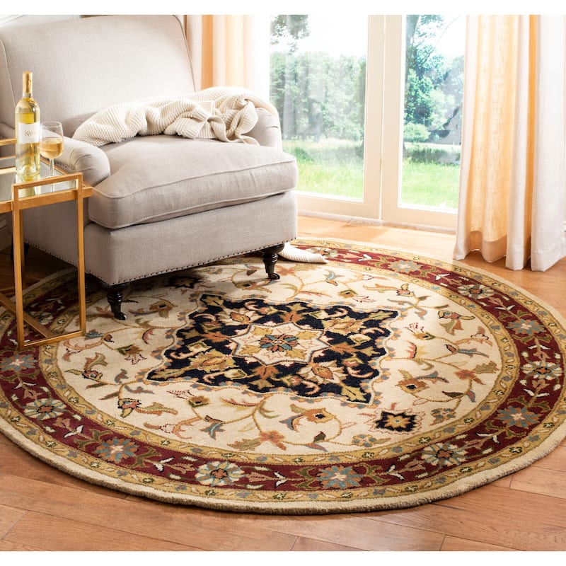 SAFAVIEH Handmade Heritage Harmony Stripe Traditional Oriental Wool Rug - 8' x 8' Round - Ivory/Red