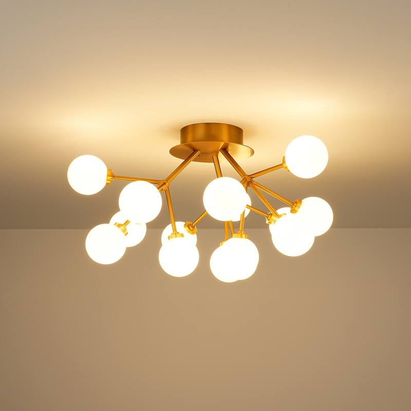 Allegra 15-Light Modern Gold Sputnik Cluster Frosted Opal Glass Globe Bubble Semi-Flush Mount LED Light