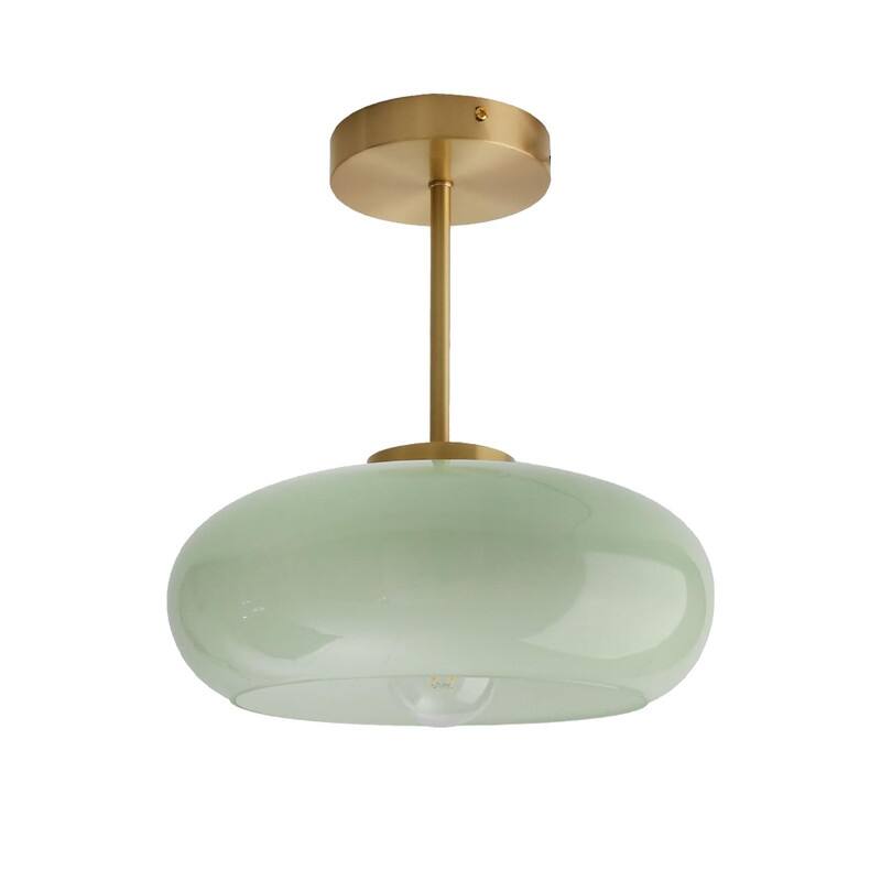 Vintage light fixture milk green hallway light brass, glass semi flush mount light