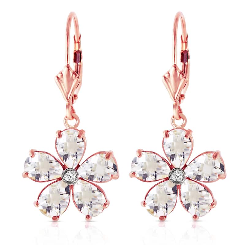 14K Solid Gold Leverback Gemstone Earrings w/ Rose Topaz & Diamond