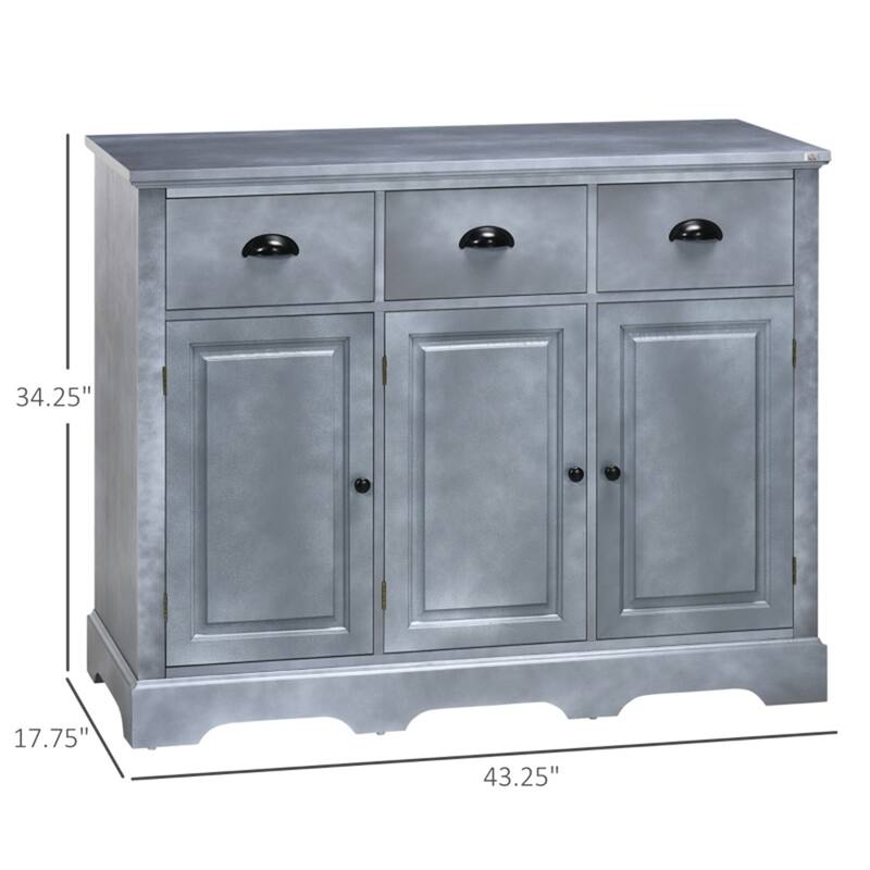 Grey MDF Sideboard Cabinet with Drawers and Adjustable Shelves for Kitchen Dining or Living Room