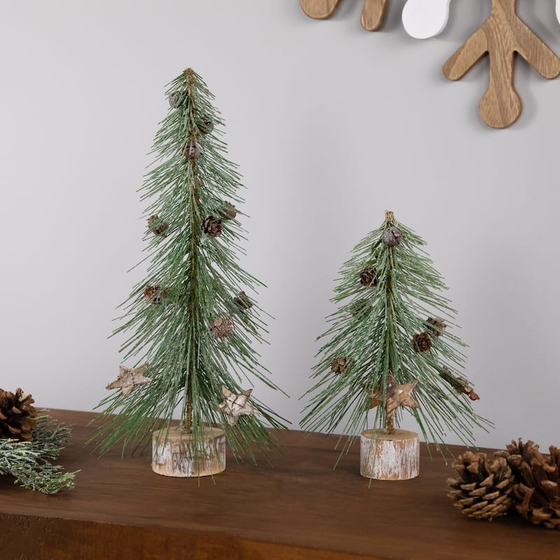 Frosted Bottle Brush Tree on Wooden Base Christmas Decoration - 8.5"