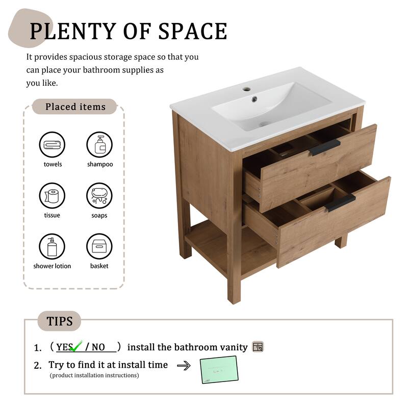 Beingnext 30" Bathroom Vanity with Sink, Single Sink Freestanding Bathroom Vanity with 2 Soft Close Drawers and Open Shelf