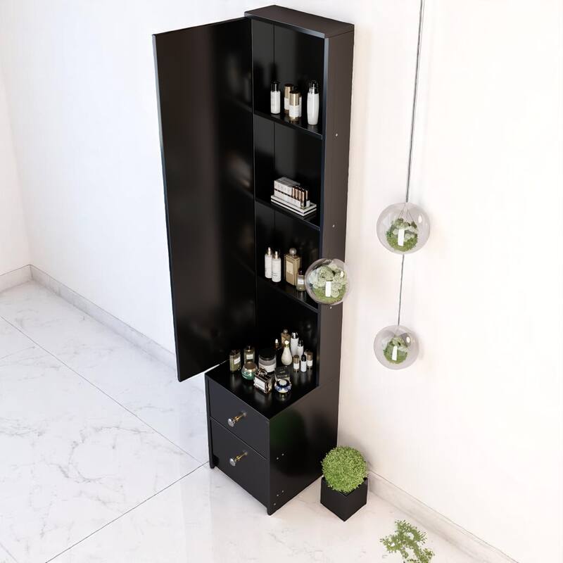 Simple Standing Mirror Cabinet with Storage Shelves, 63" Full-Length Mirror for Bedroom or Vanity Setup