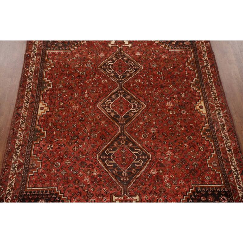 Tribal Geometric Shiraz Persian Vintage Rug Handmade Red Wool Carpet - 7'8"x 10'8"