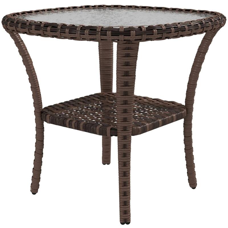 Hand-Woven Wicker Coffee Table,Wave Glass Top, Storage Shelf, Outdoor