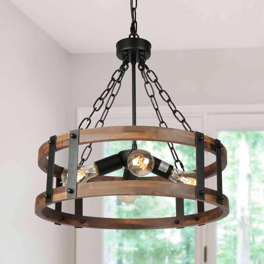 Farmhouse 4-Light Wood Drum Chandeliers Rustic Cage Pendant Light for Kitchen Island - 19" D x 18" H