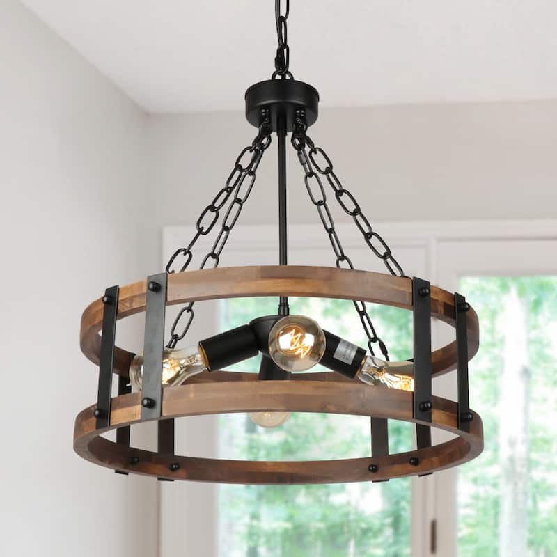 Farmhouse 4-Light Wood Drum Chandeliers Rustic Cage Pendant Light for Kitchen Island - 19" D x 18" H - 19" D x 18" H