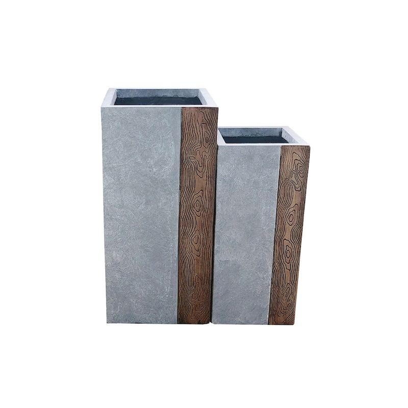 Kante Lightweight Concrete Tall Modern Square Outdoor Planter Set, 28 Inch and 24 Inch Tall, Timber Ridge