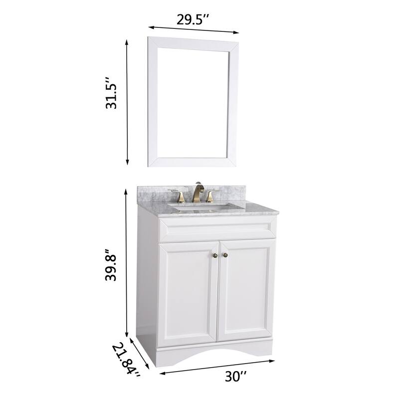 BATHLET 30 inch Bathroom Vanity Set with Carrara Marble Top Mirror
