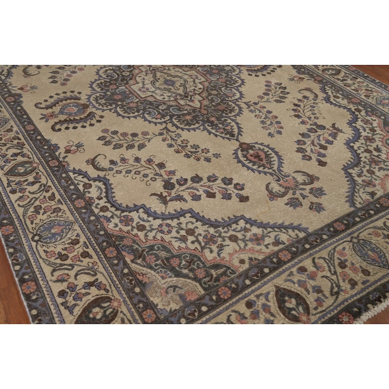Tabriz Persian Vintage Rug Hand-Knotted Traditional Beige Wool Carpet - 7'8" x 11'2"