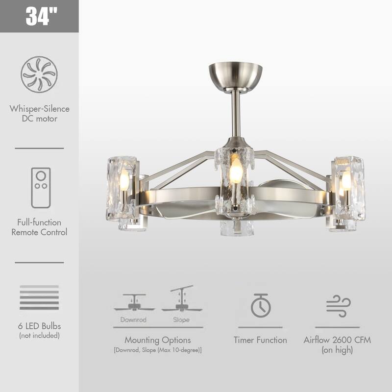 34" Modern 3-Blade 6-Light Cage Chandelier/Ceiling Fan with Glass Shade